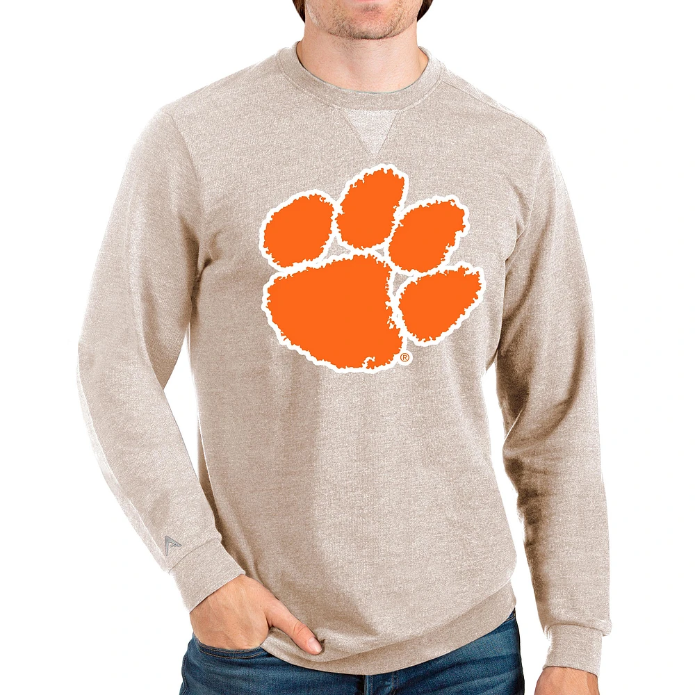 Men's Antigua Oatmeal Clemson Tigers Logo Reward Crewneck Pullover Sweatshirt