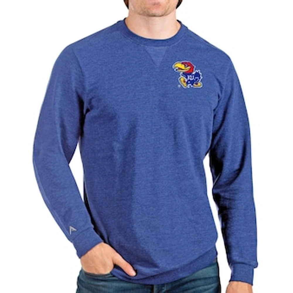 Men's Antigua Heathered Royal Kansas Jayhawks Reward Crewneck Pullover Sweatshirt