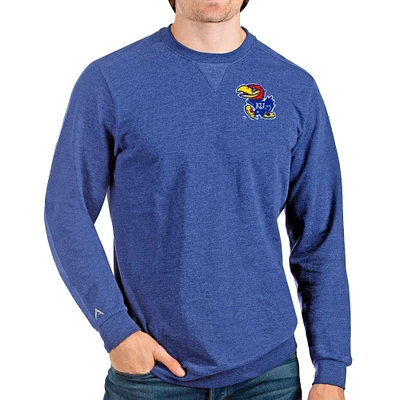 Men's Antigua Heathered Royal Kansas Jayhawks Reward Crewneck Pullover Sweatshirt