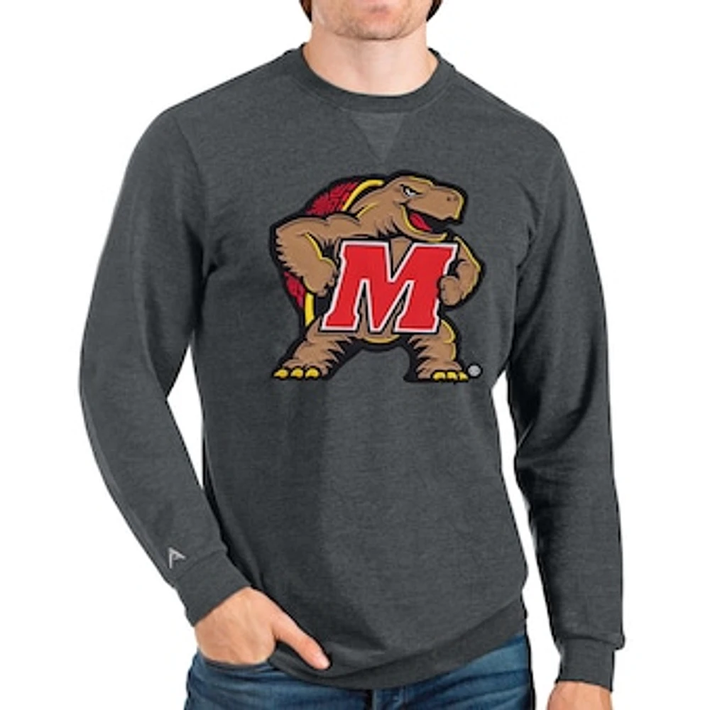 Men's Antigua Heathered Charcoal Maryland Terrapins Logo Reward Crewneck Pullover Sweatshirt