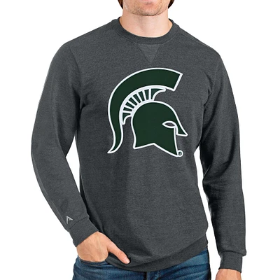 Men's Antigua Heathered Charcoal Michigan State Spartans Logo Reward Crewneck Pullover Sweatshirt