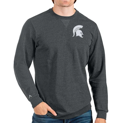 Men's Antigua Heathered Charcoal Michigan State Spartans Reward Crewneck Pullover Sweatshirt