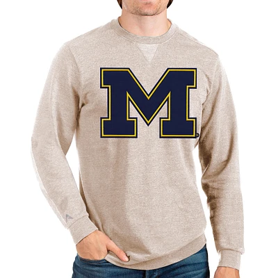 Men's Antigua Oatmeal Michigan Wolverines Logo Reward Crewneck Pullover Sweatshirt