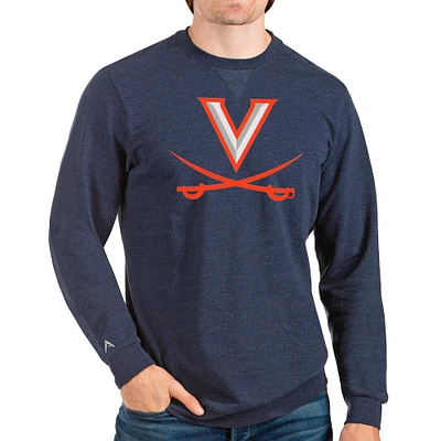 Men's Antigua Heathered Navy Virginia Cavaliers Logo Reward Crewneck Pullover Sweatshirt