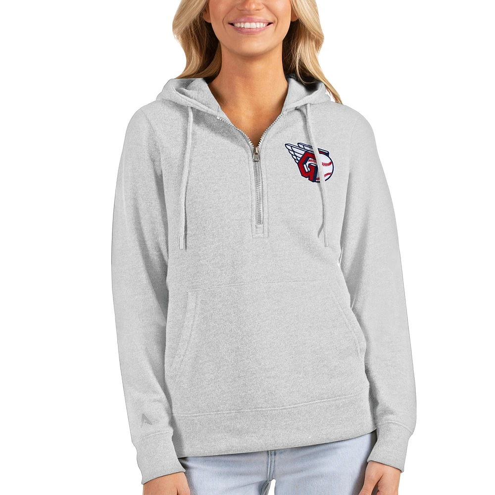 Women's Antigua Heathered Gray Cleveland Guardians Action Half-Zip Pullover Hoodie