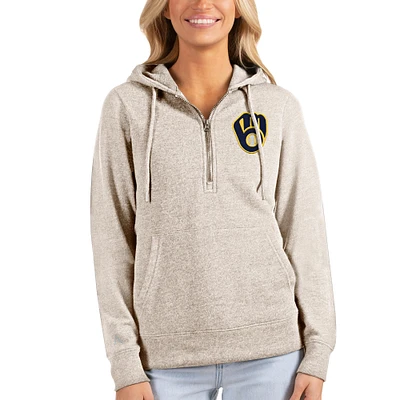 Women's Antigua Oatmeal Milwaukee Brewers Action Half-Zip Pullover Hoodie