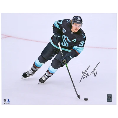 Yanni Gourde Seattle Kraken Autographed 16'' x 20'' Deep Sea Blue Jersey Skating Photograph
