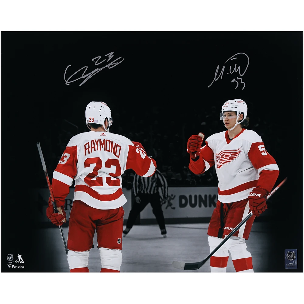 Lucas Raymond & Moritz Seider Detroit Red Wings Multi-Signed 16" x 20" Goal Celebration Spotlight Photograph