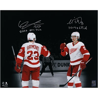 Lucas Raymond & Moritz Seider Detroit Red Wings Multi-Signed 16" x 20" Goal Celebration Spotlight Photograph with Multiple Inscriptions