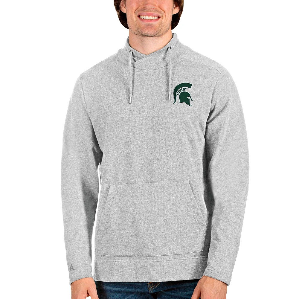 Men's Antigua Heathered Gray Michigan State Spartans Reward Crossover Neckline Pullover Sweatshirt