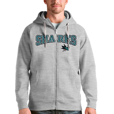 Men's Antigua Heathered Gray San Jose Sharks Wordmark Victory Full-Zip Hoodie