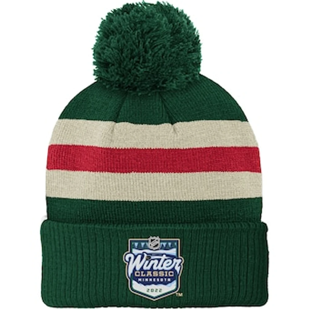 Youth White Minnesota Wild 2022 Winter Classic Team Logo - Cuffed Knit Hat with Pom