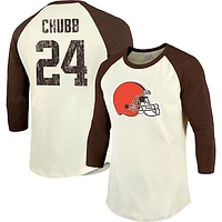 Men's Majestic Threads Nick Chubb Cream/Brown Cleveland Browns Vintage Player Name & Number 3/4-Sleeve Fitted T-Shirt