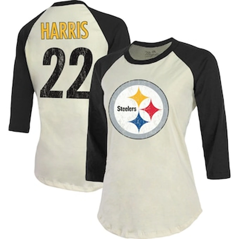 Women's Majestic Threads Najee Harris Cream Pittsburgh Steelers Player Name & Number Tri-Blend Three-Quarter Sleeve T-Shirt