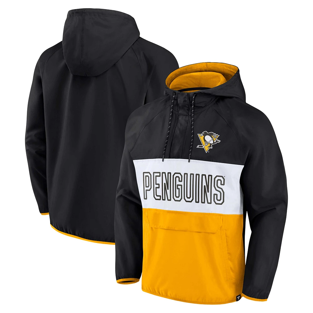 Men's Fanatics Black/Gold Pittsburgh Penguins Backhand Shooter Defender Anorak Raglan Hoodie Quarter-Zip Jacket