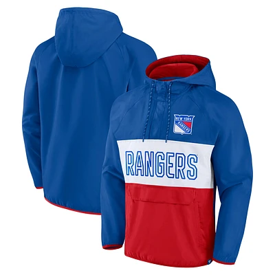 Men's Fanatics Blue/Red New York Rangers Backhand Shooter Defender Anorak Raglan Hoodie Quarter-Zip Jacket