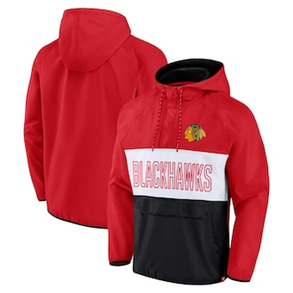 Men's Fanatics Red/Black Chicago Blackhawks Backhand Shooter Defender Anorak Raglan Hoodie Quarter-Zip Jacket