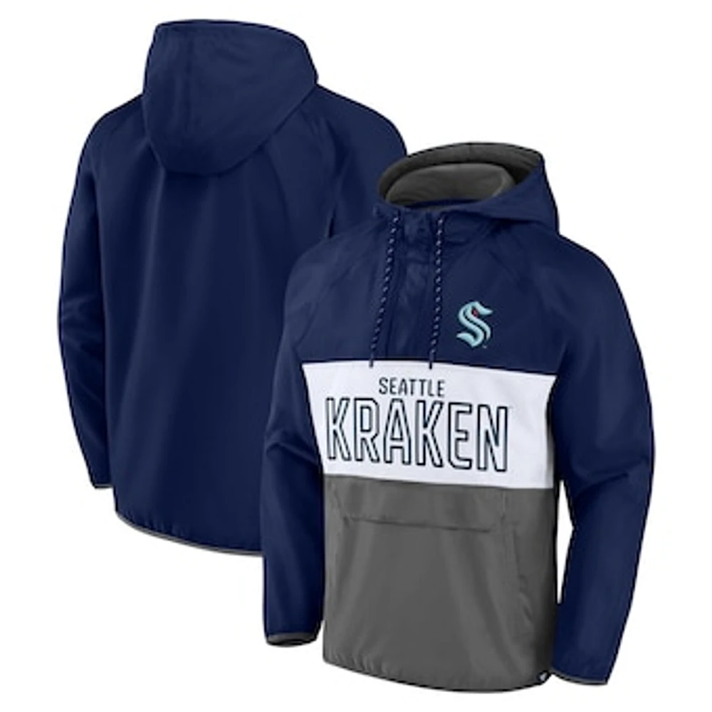 Men's Fanatics Deep Sea Blue/Gray Seattle Kraken Backhand Shooter Defender Anorak Raglan Hoodie Quarter-Zip Jacket