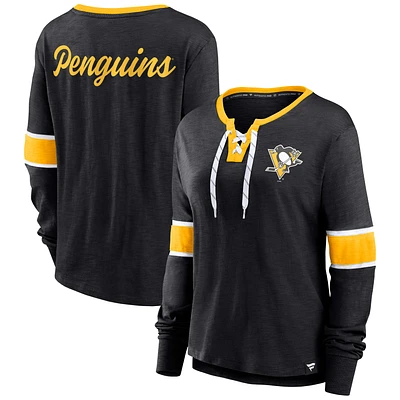 Women's Fanatics Black Pittsburgh Penguins Effervescent Exclusive Lace-Up Long Sleeve T-Shirt