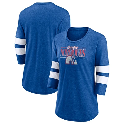 Women's Fanatics Heathered Royal/White Quebec Nordiques Full Shield 3/4-Sleeve Tri-Blend Raglan Scoop Neck T-Shirt