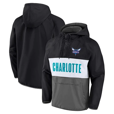 Men's Fanatics Black/Gray Charlotte Hornets Team Leader Iconic Colorblock Anorak Raglan Quarter-Zip Hoodie