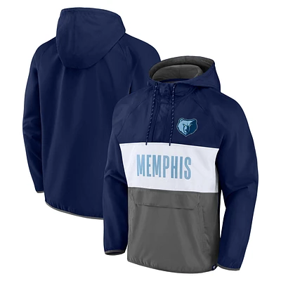 Men's Fanatics Navy/Gray Memphis Grizzlies Team Leader Iconic Colorblock Anorak Raglan Quarter-Zip Hoodie