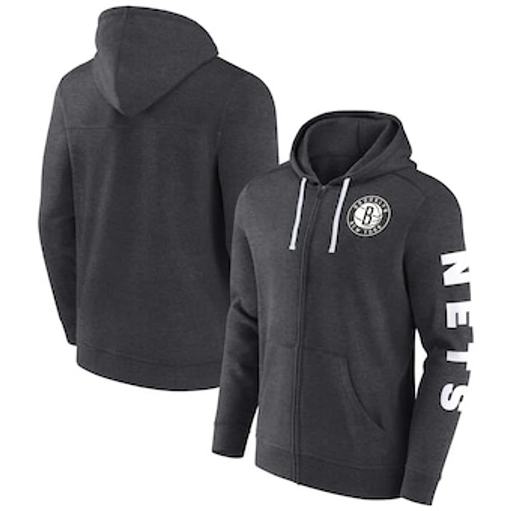 Men's Fanatics Heather Charcoal Brooklyn Nets Down and Distance Full-Zip Hoodie