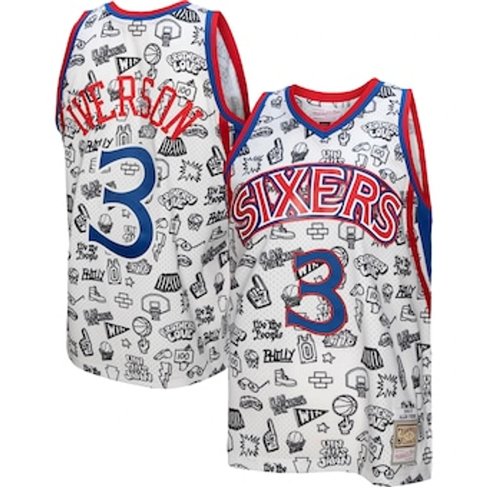 Men's Mitchell & Ness Allen Iverson White Philadelphia 76ers 1996/97 Hardwood Classics Doodle Swingman - Jersey