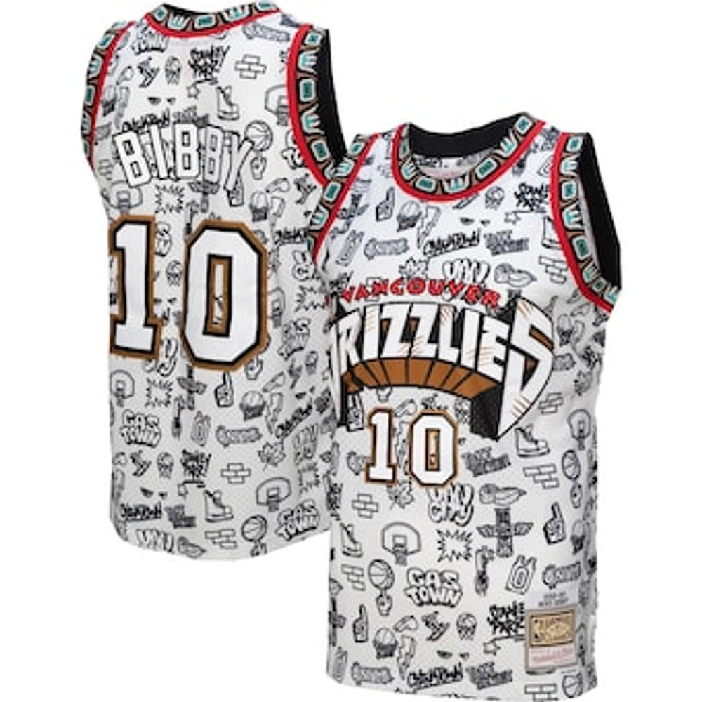 Men's Mitchell & Ness Mike Bibby White Vancouver Grizzlies 1998/99 Hardwood Classics Doodle Swingman - Jersey