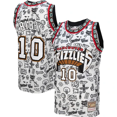 Men's Mitchell & Ness Mike Bibby White Vancouver Grizzlies 1998/99 Hardwood Classics Doodle Swingman - Jersey