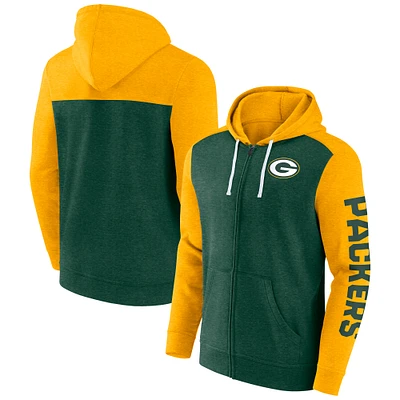 Men's Fanatics Heather Green Bay Packers Down and Distance Full-Zip Hoodie