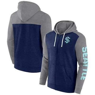 Men's Fanatics Heather Deep Sea Blue Seattle Kraken Down and Distance Full-Zip Hoodie