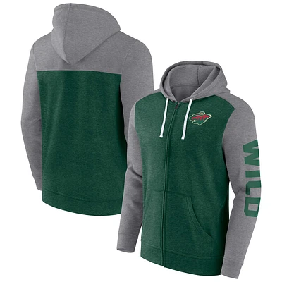 Men's Fanatics Heather Green Minnesota Wild Down and Distance Full-Zip Hoodie