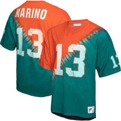 Men's Mitchell & Ness Dan Marino Aqua/Orange Miami Dolphins Retired Player Name Number Diagonal Tie-Dye - V-Neck T-Shirt