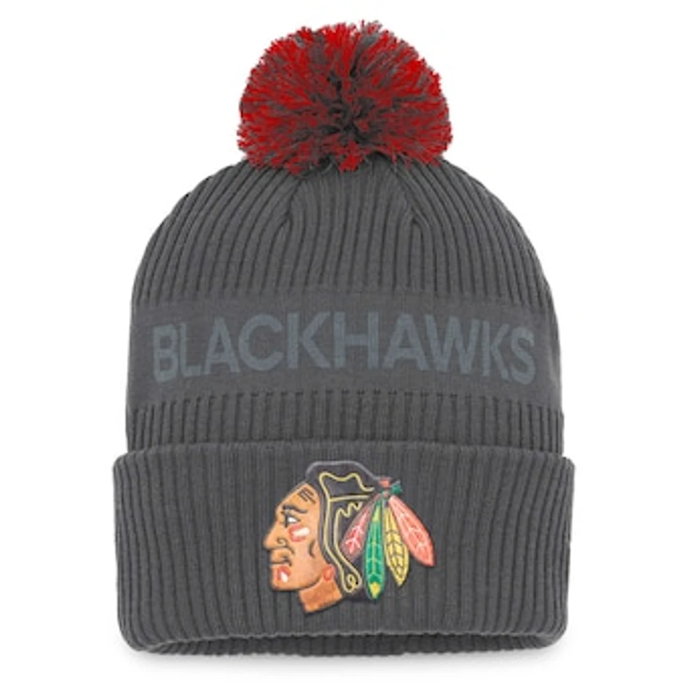 Men's Fanatics Charcoal Chicago Blackhawks Authentic Pro Home Ice Cuffed Knit Hat with Pom