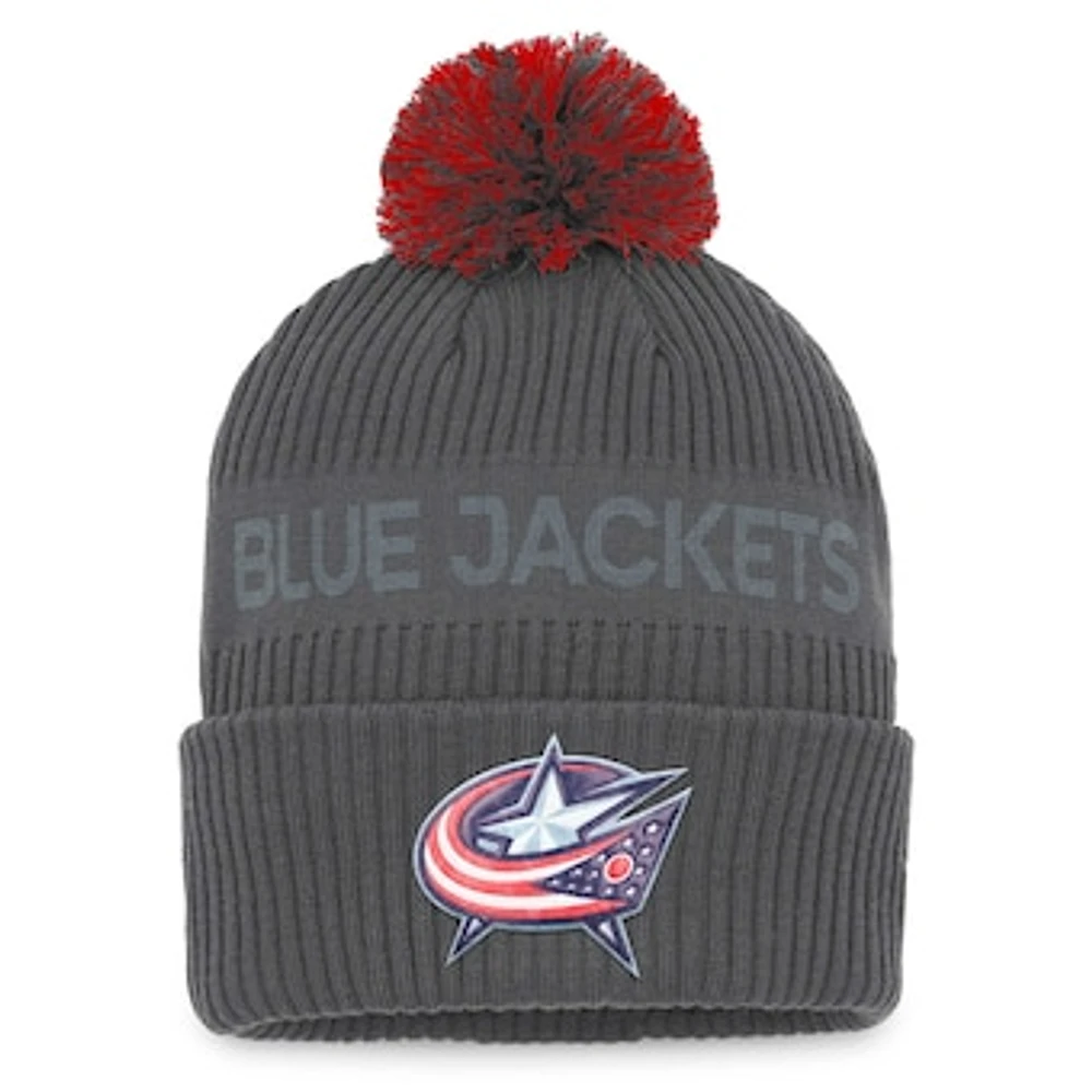 Men's Fanatics Charcoal Columbus Blue Jackets Authentic Pro Home Ice Cuffed Knit Hat with Pom