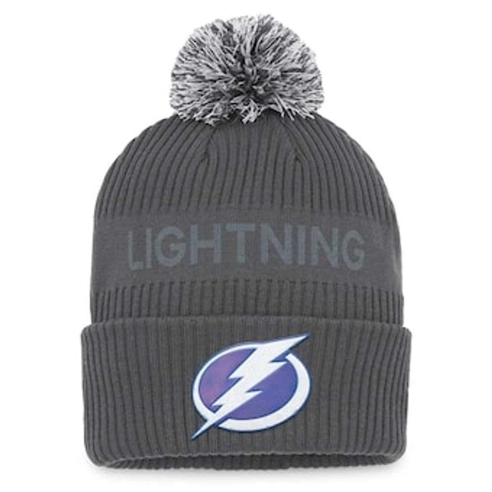 Men's Fanatics Charcoal Tampa Bay Lightning Authentic Pro Home Ice Cuffed Knit Hat with Pom