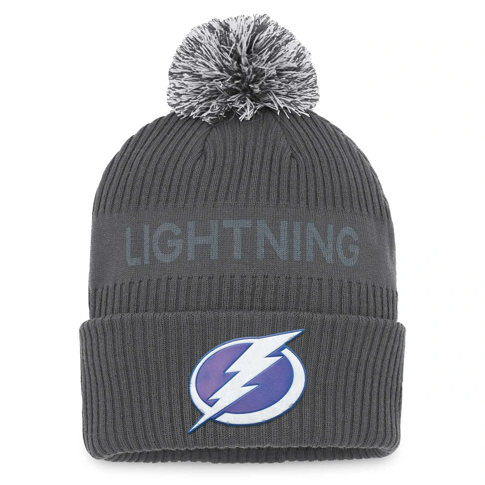 Men's Fanatics Charcoal Tampa Bay Lightning Authentic Pro Home Ice Cuffed Knit Hat with Pom