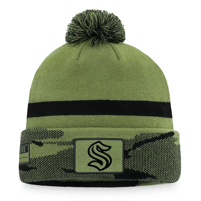 Men's Fanatics Camo/Black Seattle Kraken Military Appreciation - Cuffed Knit Hat with Pom