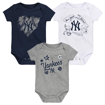 Girls Newborn & Infant Navy/White/Heathered Gray New York Yankees 3-Pack Batter Up Bodysuit Set