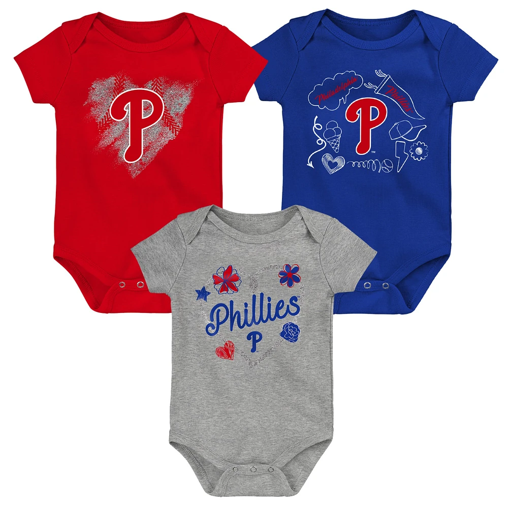 Girls Newborn & Infant Red/Royal/Heathered Gray Philadelphia Phillies 3-Pack Batter Up Bodysuit Set