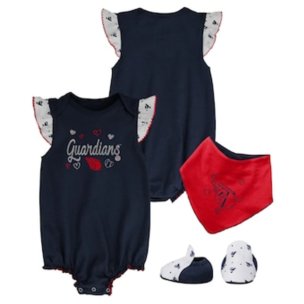 Girls Newborn & Infant Navy Cleveland Guardians 3-Piece Home Plate Bodysuit Bib & Booties Set