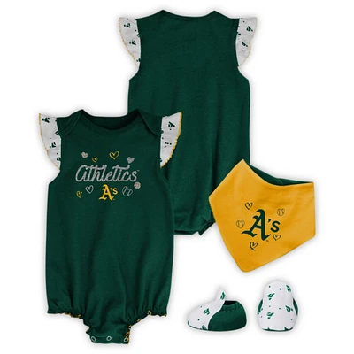 Girls Newborn & Infant Green Oakland Athletics 3-Piece Home Plate Bodysuit Bib Booties Set