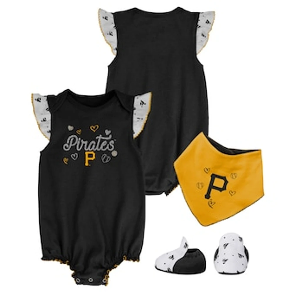 Girls Newborn & Infant Black Pittsburgh Pirates 3-Piece Home Plate Bodysuit Bib & Booties Set