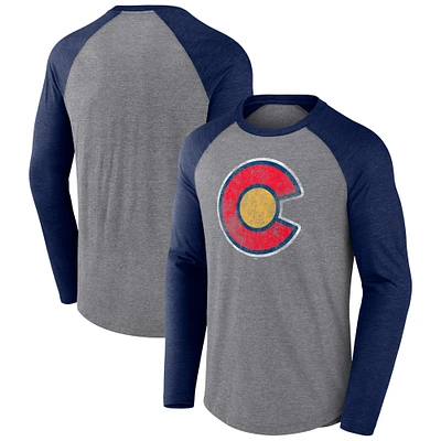 Men's Fanatics Heather Gray/Navy Colorado Avalanche Special Edition 2.0 Long Sleeve Raglan T-Shirt