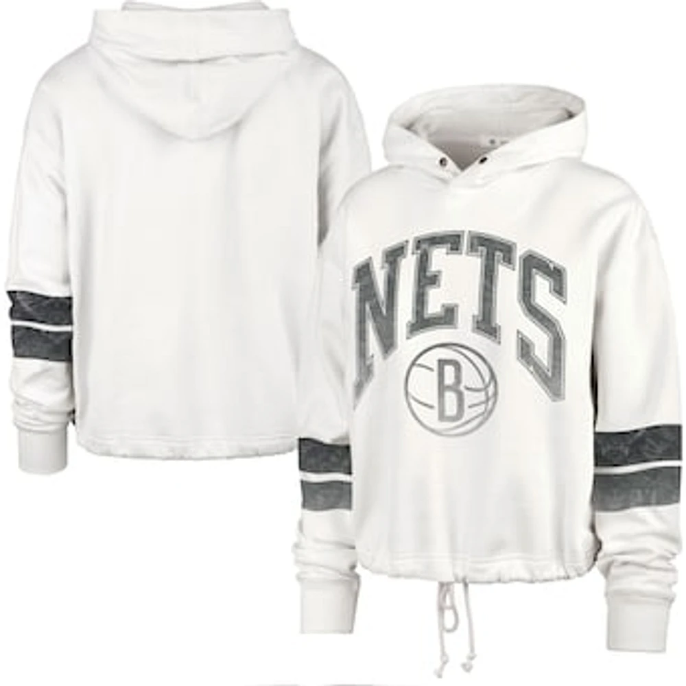 Women's '47 Cream Brooklyn Nets Emerson Stripe Cropped Pullover Hoodie