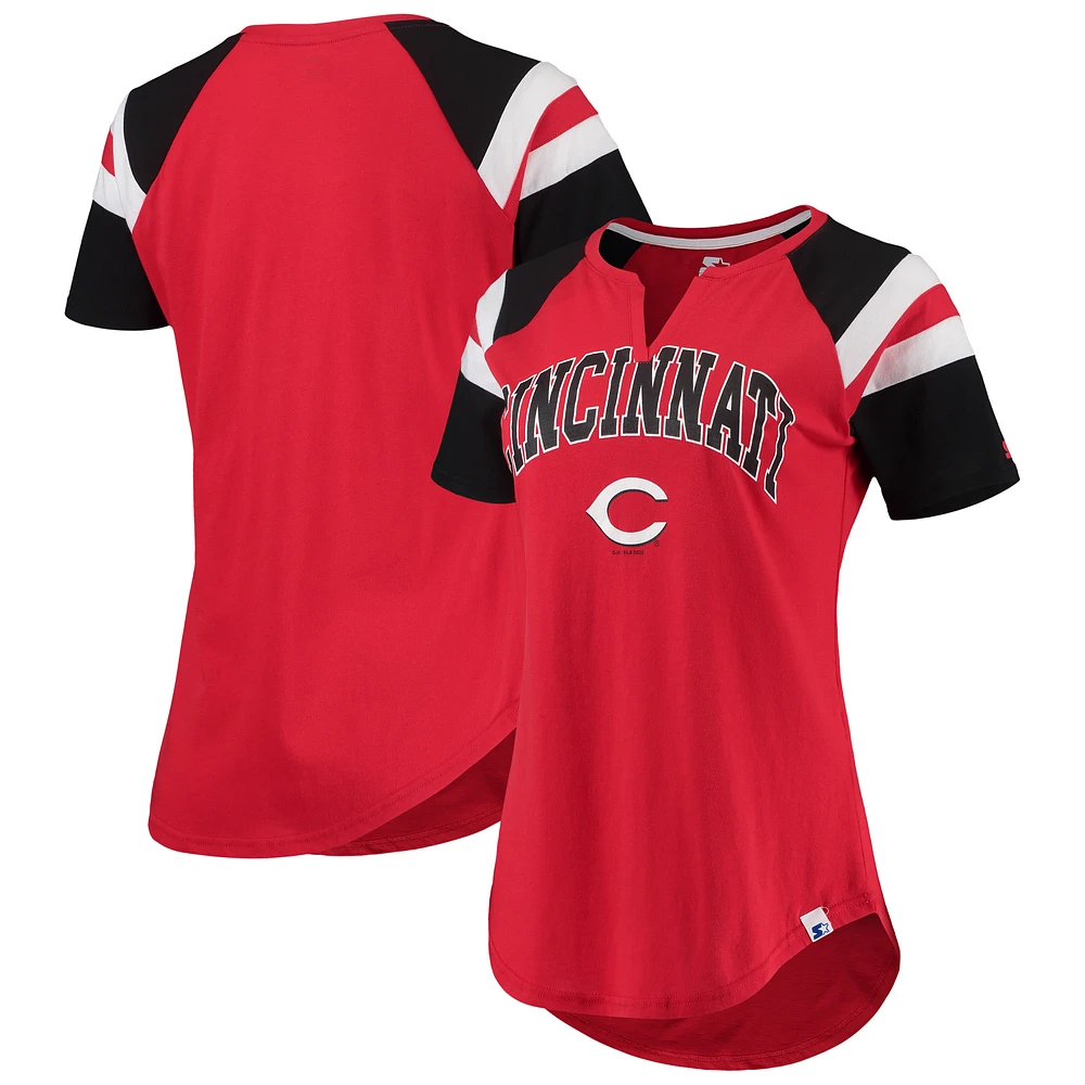 Women's Starter Black/Red Cincinnati Reds Game On Notch Neck Raglan T-Shirt