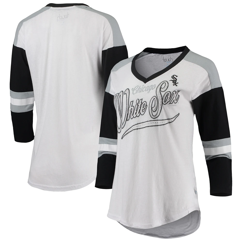 Women's Touch White/Black Chicago White Sox Base Runner 3/4-Sleeve V-Neck T-Shirt