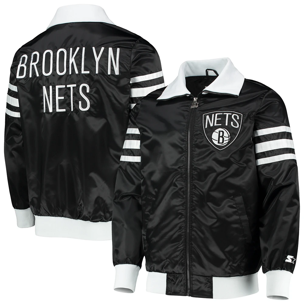 Men's Starter Black Brooklyn Nets The Captain II Full-Zip Varsity Jacket