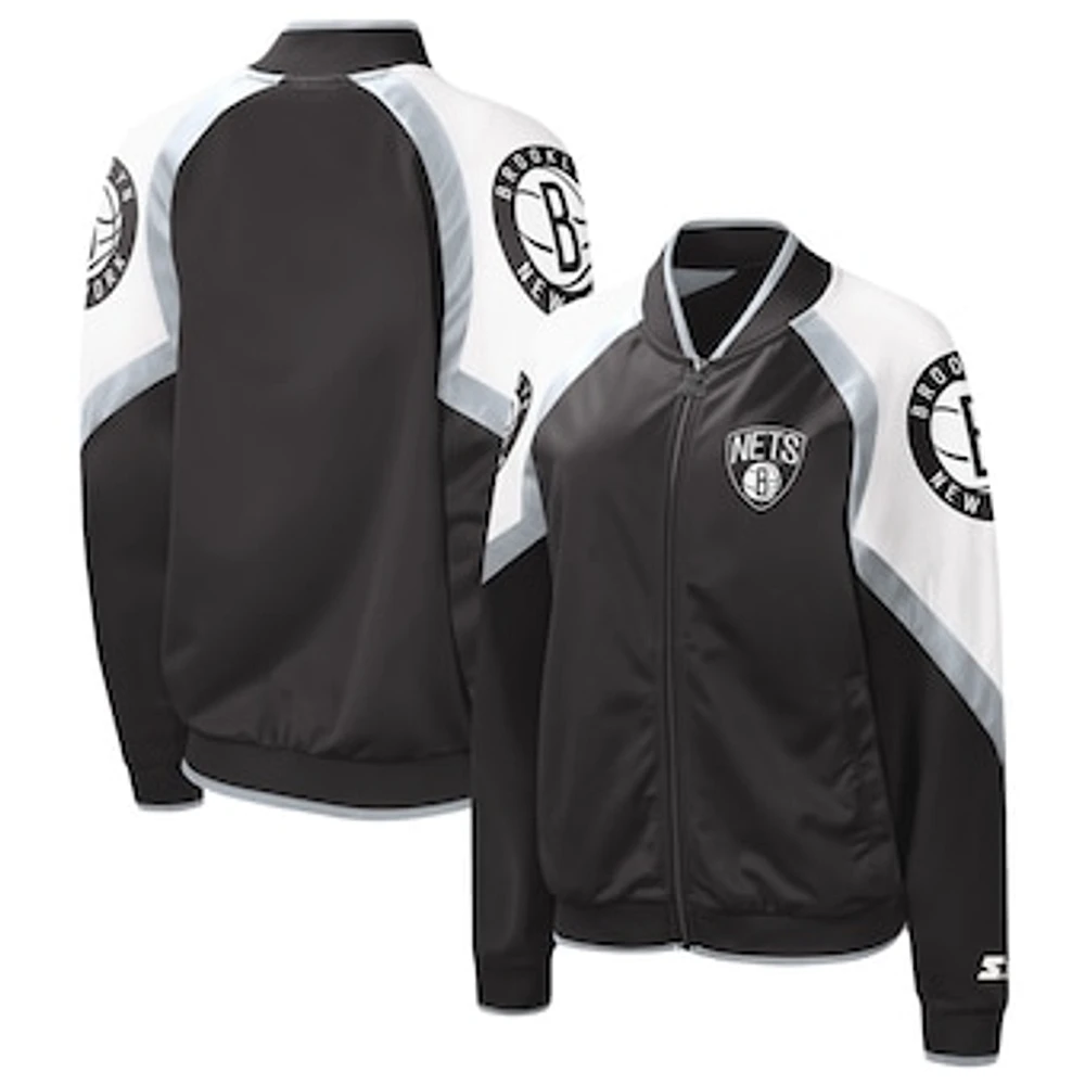 Women's Starter Black/Silver Brooklyn Nets Fan Girl Satin Raglan Full-Zip Jacket